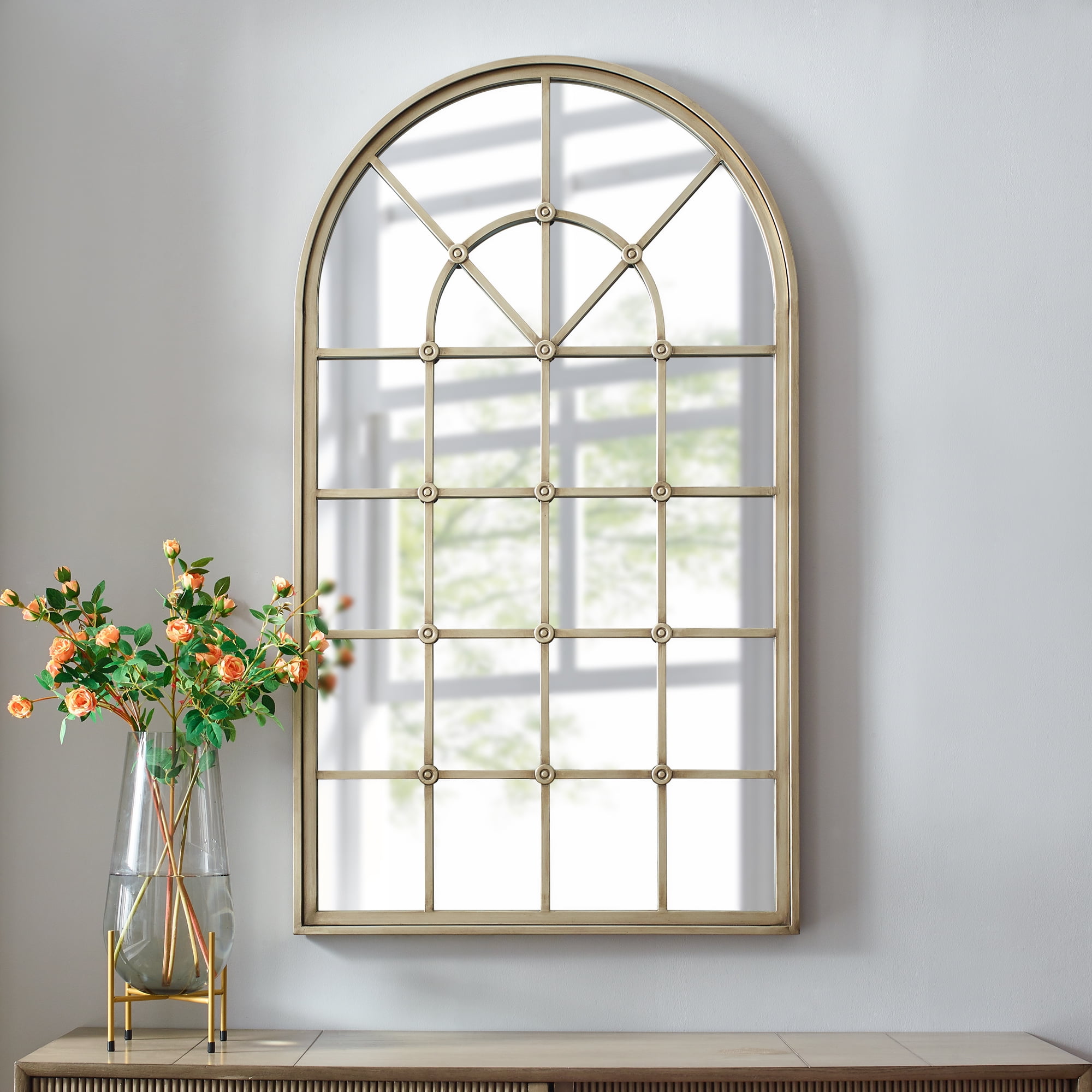 Antique Pewter Frame Arched Windowpane Accent Mirror by Manor Park