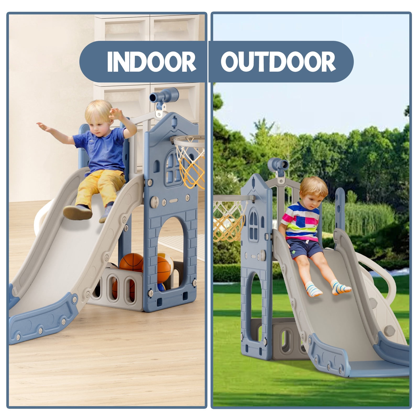 XJD 5 in 1 Toddler Slide, Kids Climber Slide with Basketball Hoop and Ball, Indoor Outdoor Playset for Toddlers Age 1-4 (Blue)