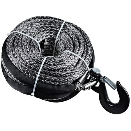 95ft x 3/8" Black Synthetic Winch Rope Line Cable 20500LBs with Black Hook for Jeep ATV UTV KFI Ramsey Truck Marine Boat