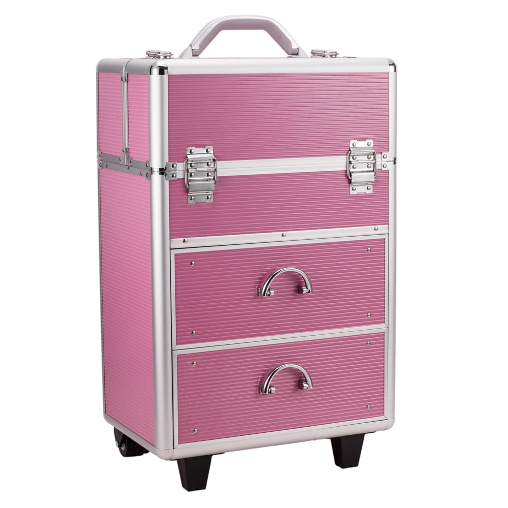 4 Tier Lockable Cosmetic Makeup Train Case with Extendable Trays, Pink