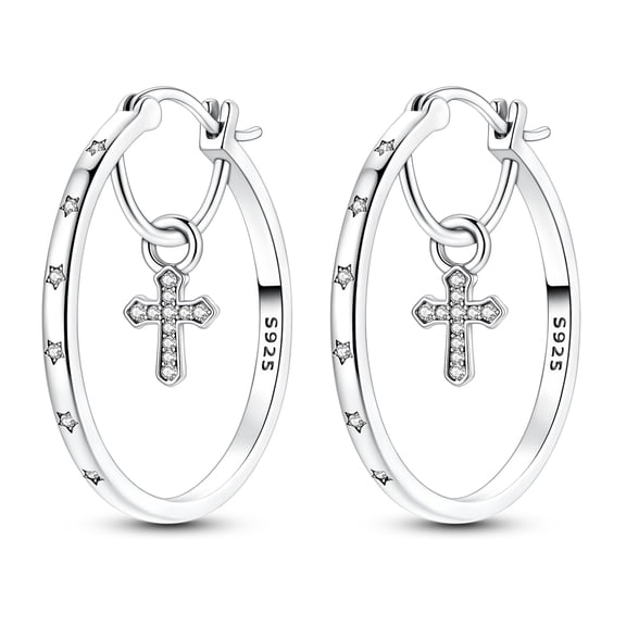MULA 31mm 925 Sterling Silver Hoop Earrings, Sparkling AAA CZ Interior Cross Dangle, Lightweight Jewelry Gifts for Women