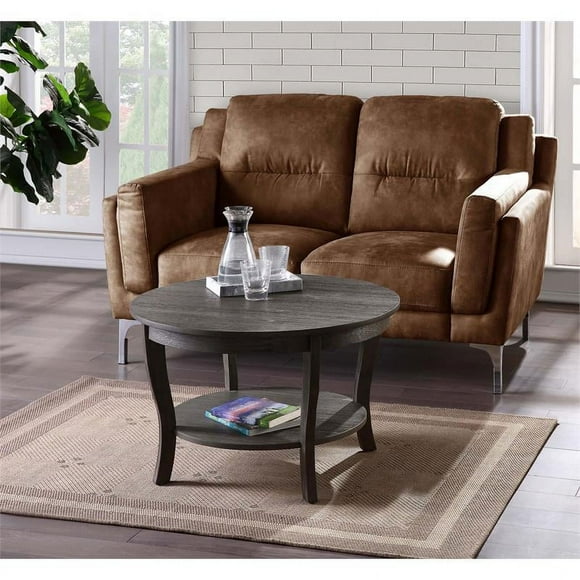 Convenience Concepts American Heritage Round Coffee Table with Bottom Shelf, Gray Wood Finish