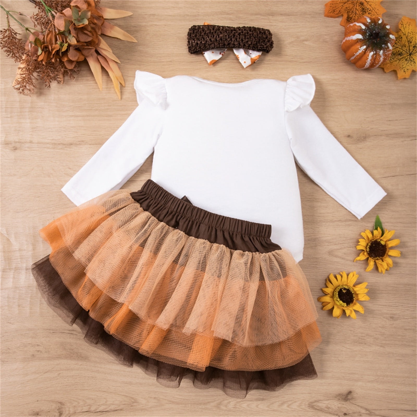Weebloom Thanksgiving Baby Girl Outfit Bodysuit+Tutu Skirt+Headband Set Clothes Sets Outfits White 0-3 Months