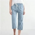 thumbnail image 5 of Capris Pants for Women Cotton Linen Casual Summer 2026 Straight Wide Leg Loose Drawstring Elastic Waist Cropped Trouser Light Blue 2XL, 5 of 5