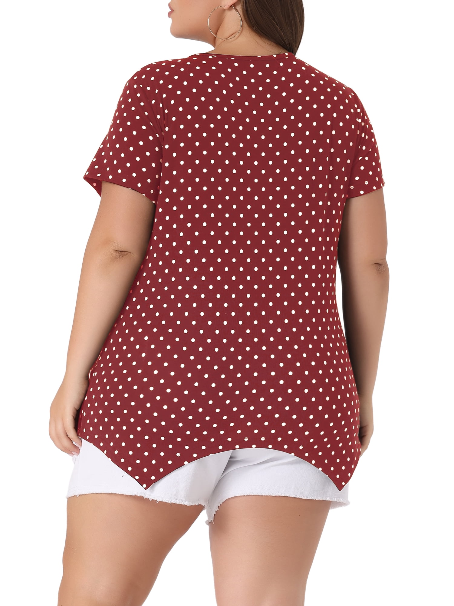 DARING DIVA Women's Plus Size V Neck Pintuck Short Sleeve Polka Dots Top 3X Burgundy