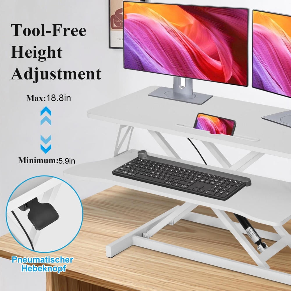 Standing Desk Converter Manual Pneumatic Spring Stable Iron Standing Desk Converter Height Adjustable Laptop Workstation with Keyboard Mouses Tray for Home Schol Company