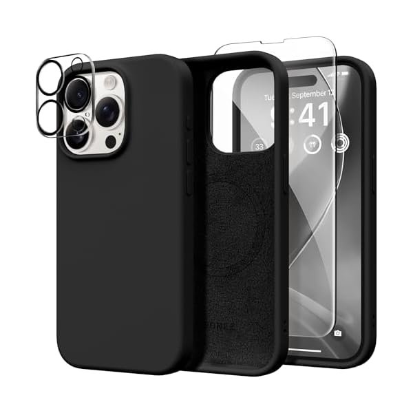 wonima11 GONEZ for iPhone 15 Pro Max Case Silicone, Compatible with Magsafe, Camera Protector + Screen Protector, Soft Anti-Scratch Microfiber Lining, Liquid Silicone Shockproof Phone Cover, Black