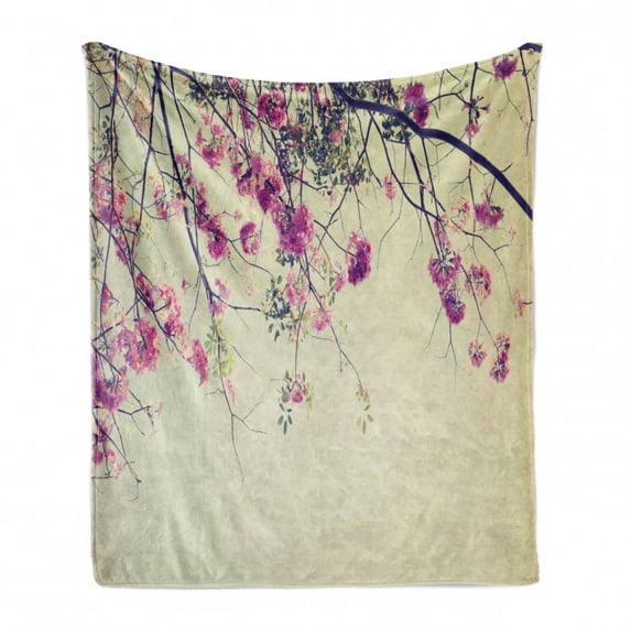 Nature Soft Flannel Fleece Throw Blanket, Floral Flowers Branches Sakura Blooms Cherry Blossoms Spring Time Photo, Cozy Plush for Indoor and Outdoor Use, 70" x 90", Cream Fuchsia Brown, by Ambesonne