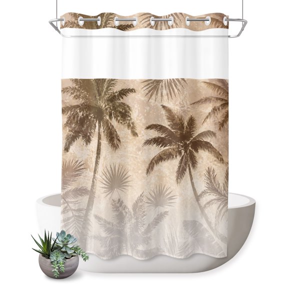 No Hook Shower Curtain, Palm Trees Shower Curtains for Bathroom with See Through Top Window, Tropical Coconut Palms Coastal Distressed Brown Waterproof & Washable Bath Curtain Extra Long 72"x84"