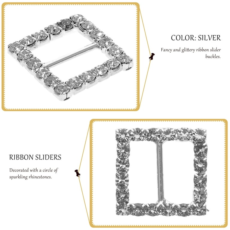 10pcs Square Shaped Rhinestone Studded Ribbon Buckle Sliders for DIY Craft  Wedding Gift (Silver) 
