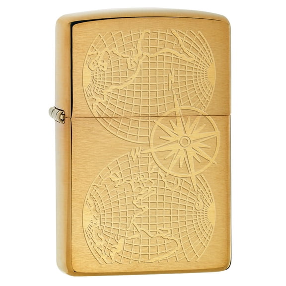 Zippo Lighter: Engraved World Map - Brushed Brass