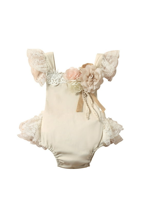 Girls' 3-24M Lace-Trim Romper | Flutter Sleeve & Adjustable Straps | Open Back | Summer Playdates & Park,Size 3-6 Months