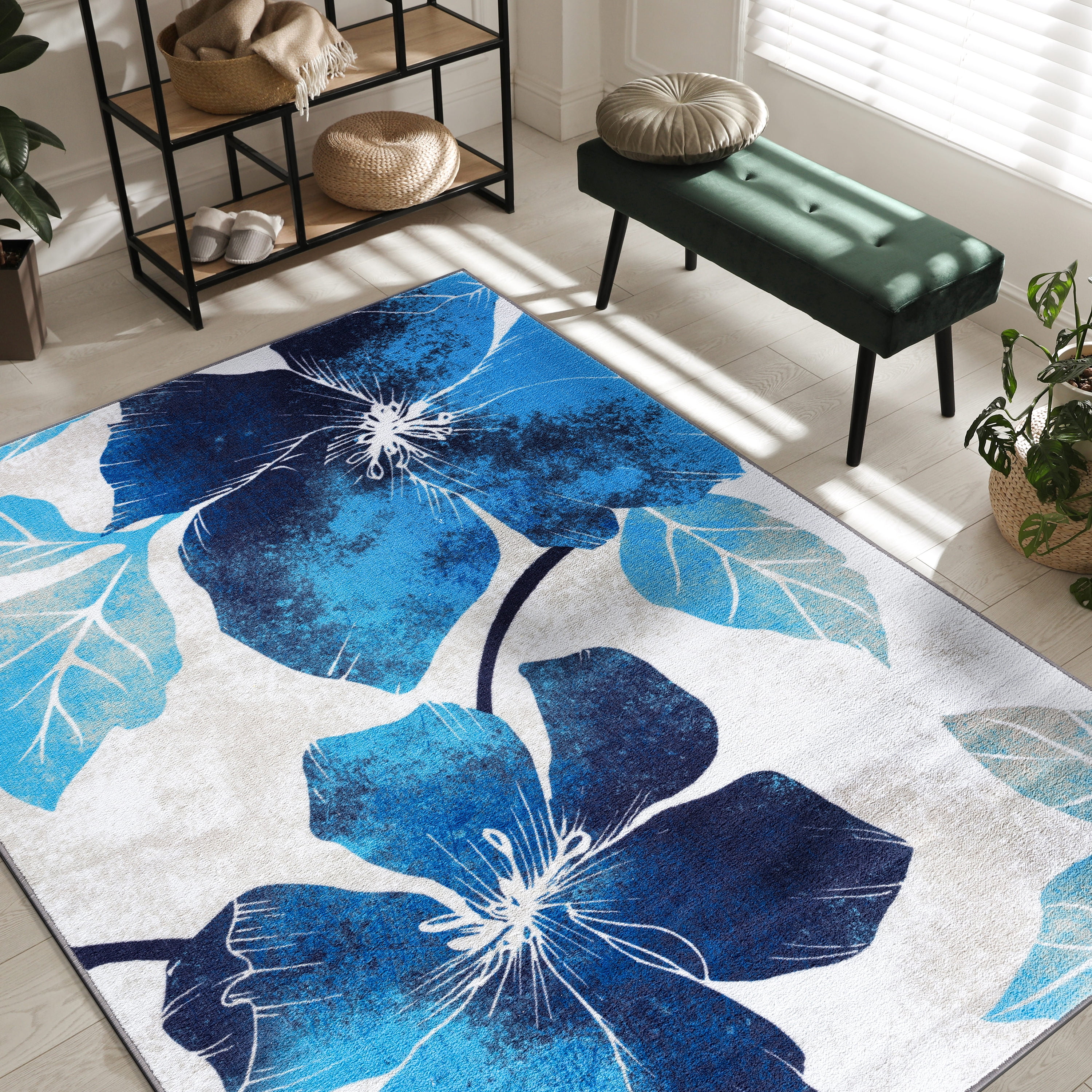 CAMILSON Solana Non Slip Modern Floral Indoor Area Rug Blue/Grey 5x7