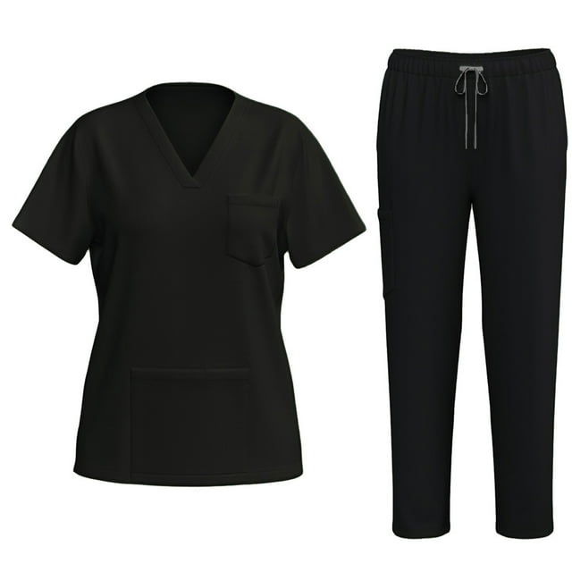 Nurse Uniform Pants, Solid Color V-Neck, Elastic Waist, Long Length, Pocketed, Dry Cleanable, Comfortable Workwear, Medical Staff Suit, Drawstring Fastening, Professional Outfit, 100% Cotton