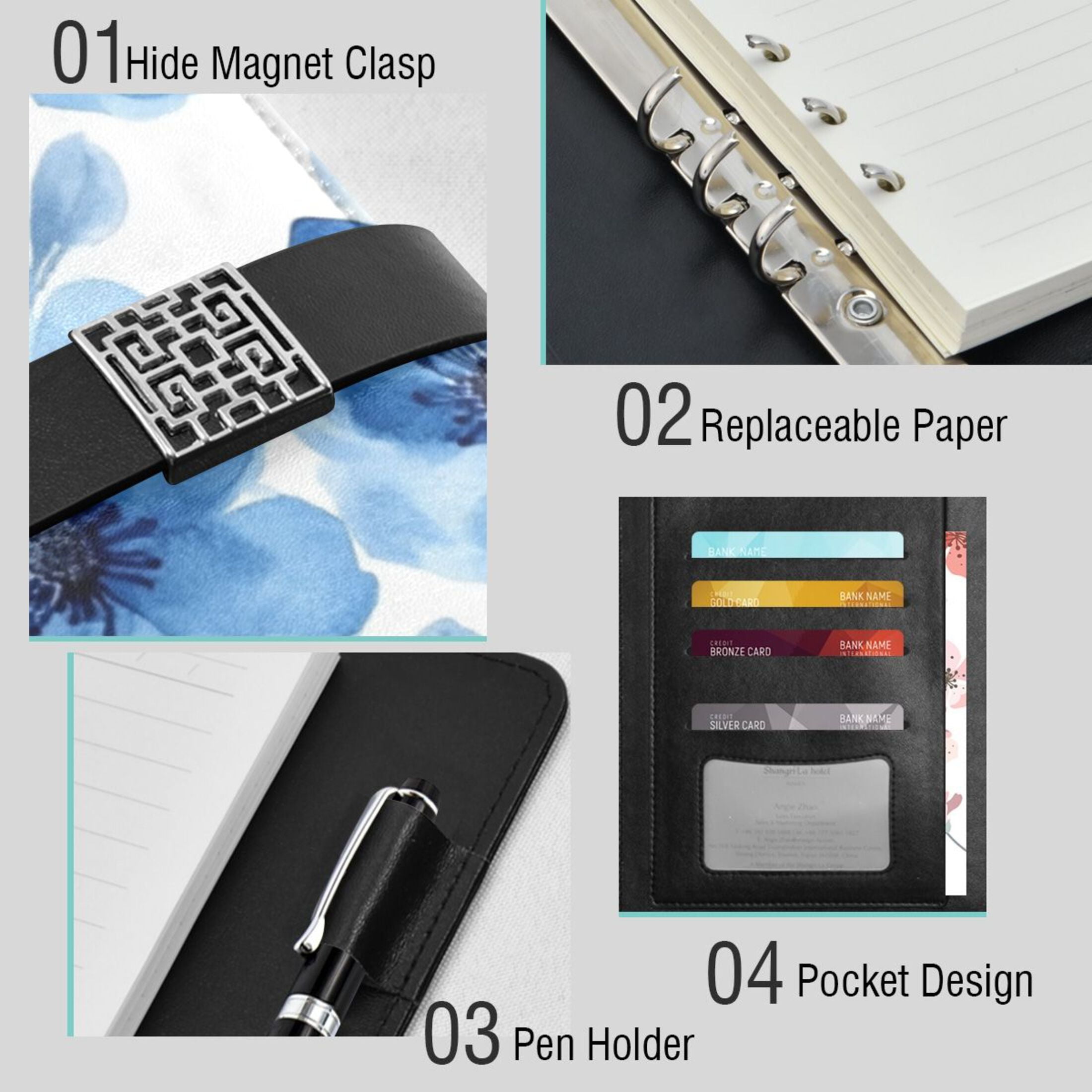 Leather Planner Leather Notebook Notebook Journal Binder Design Pen Pocket Design Convenient for Storage Blue Flowers