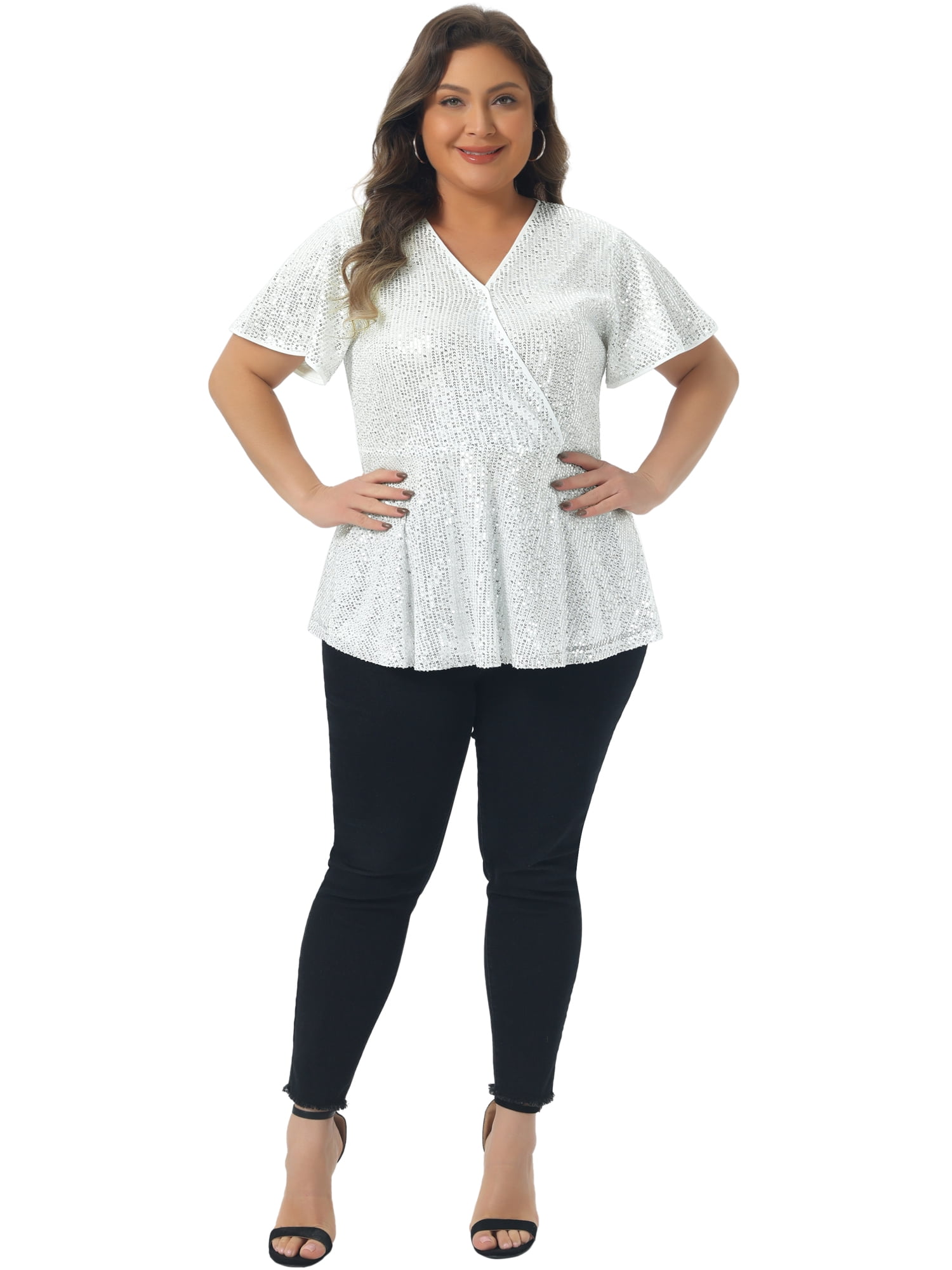 DARING DIVA Women's Plus Sequin V Neck Faux Wrap Metallic Shirt 2X Silver