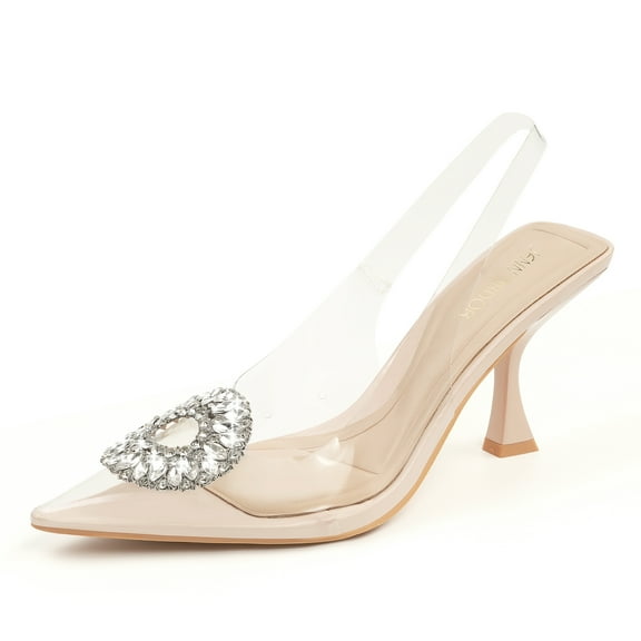 JENN ARDOR Women's Slingback Pointed Closed Toe Heels with Rhinestones 3 inch Comfortable Stiletto Sandals Pumps Wedding Party Dress Shoes