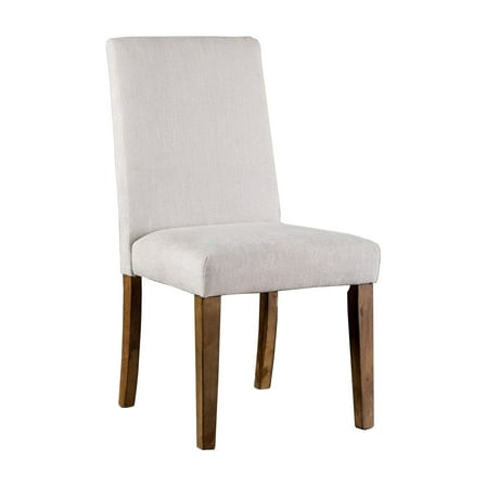 Benjara Jule Side Chairs Set of 2, Brown Solid Wood, Soft White Fabric Upholstery