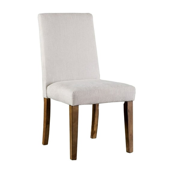 Benjara Jule Side Chairs Set of 2, Brown Solid Wood, Soft White Fabric Upholstery