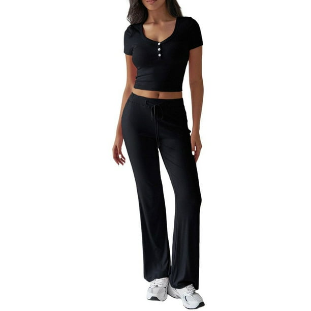 Conjunto de punto de 2 piezas para mujer: camiseta con cuello en V y pantalones largos. Estilo deportivo y desenfadado para las estaciones cálidas.