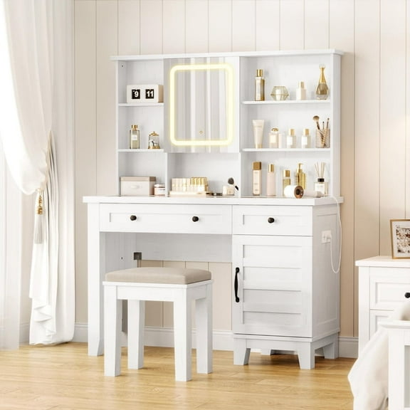 KOKEBREN Farmhouse Makeup Vanity Desk,Makeup Vanity with Mirror and Lights & Power Outlet, Makeup Table with 2 Drawers, Dressing Table with Glass Top for Bedroom Dressing Room (White)