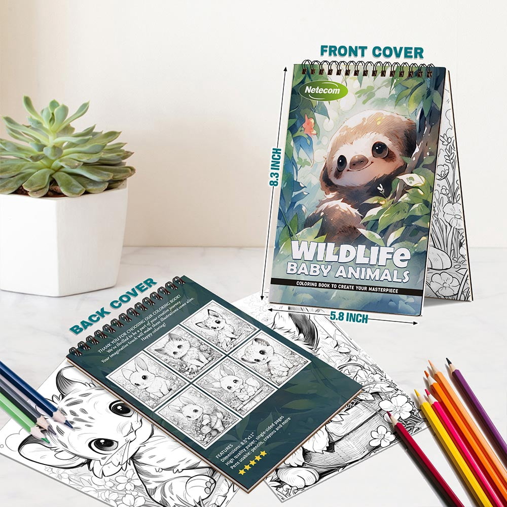Wildlife Baby Animals Coloring Book Spiral Bound For Adults, A5 Wooden Cover, 30 Adorable Coloring Pages of Playful Baby Animals for Stress Relief and Relaxation