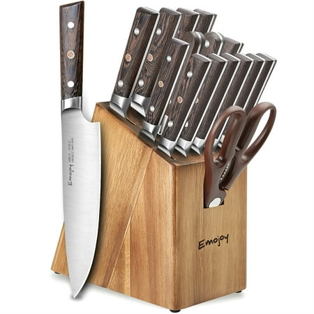 Emojoy 16 Pcs Knife Sets for Kitchen Home with Wooden Block and Sharpener, Knife Set Safe and Rust Proof,Stainless Steel Sharp Knives
