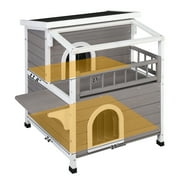 Ktaxon Outdoor Cat House Wooden, 2-Story Outside Cat Shelter Condo Enclosure with Escape Door, Weatherproof Openable Roof, Gray