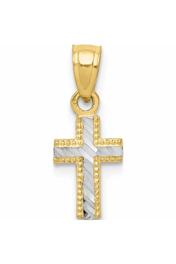 10K Yellow With Rhodium Tiny Diamond-Cut Cross Pendant (18 X 7) Made In United States 10c1092