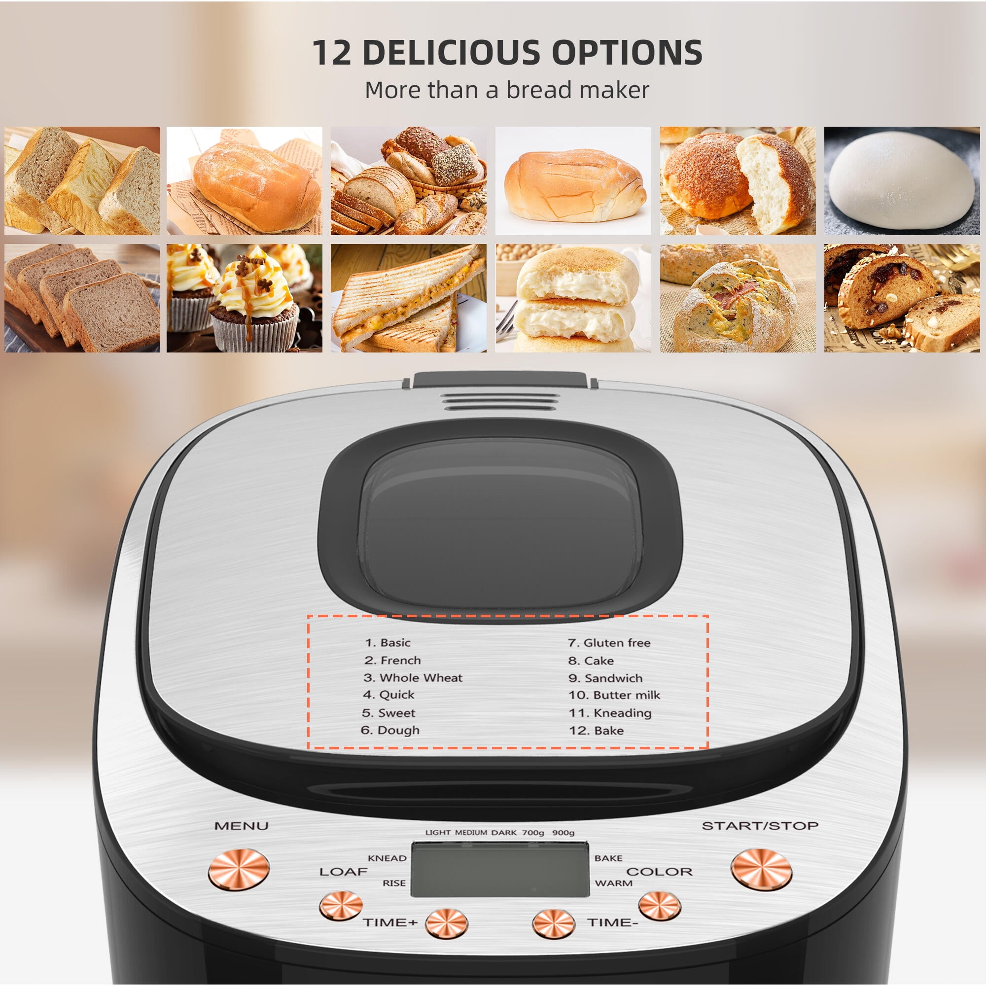 LIVINGbasics Bread Maker 2LB Programmable Bread Machine with 12 in 1 Menu Functions 2 Loaf Sizes 3 Crust Colors