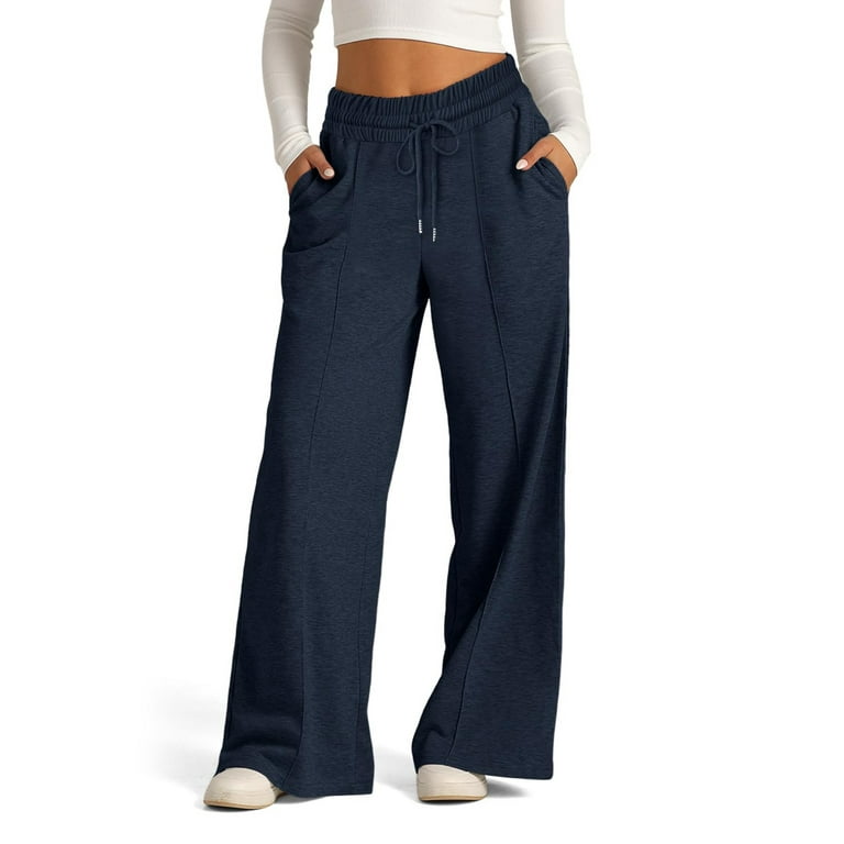 TQWQT Cargo Sweatpants for Women Cotton Elastic Drawstring Wide Leg  Sweatpants Athletic Low Waisted Pants with Pockets Navy M