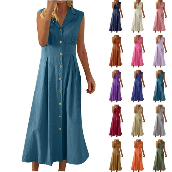 Jinhomg Women's Summer Maxi Dresses Flowy Swing Cotton Linen Shirt Dress Lightweight Breathable Sleeveless Button Down Tank Dresses Vacation Beach Sundress Purple L