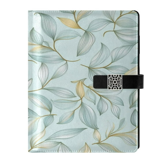 9.2x6.7 inch Leather Notebook 100 Sheets, Multi-Pocket Design & Pen Loop Mint Green Leaves Refillable Journal Organizer