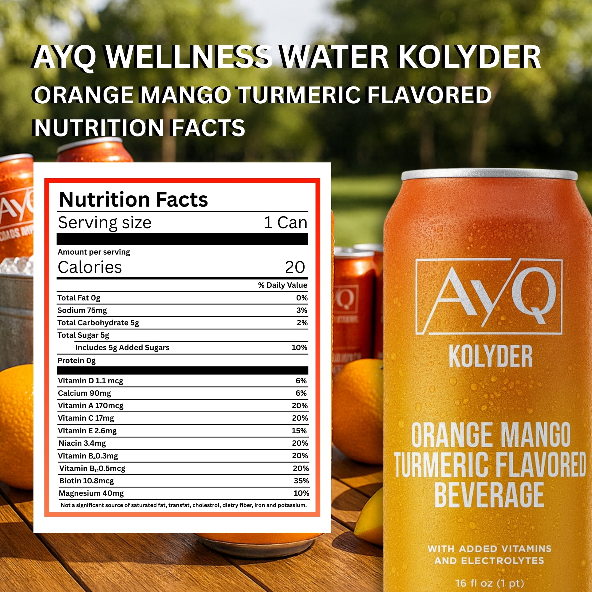 AYQ Beverages Orange Mango Turmeric Drink, Flavored Fruit Beverage for Hydration, Added Vitamins with BCAA, Electrolytes, Vegetarian & Gluten Free, Ready to Drink, 473  mL Cans, 12-Pack