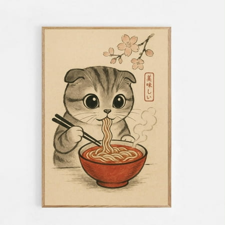 Kawaii Cat Ramen Print: Japanese Anime Neko #535, Unframed Poster Size 24x36