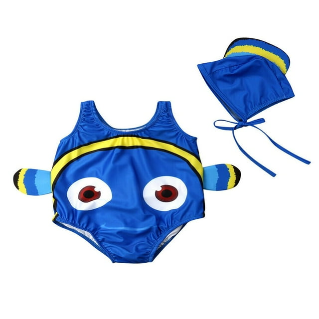 Toddler Boy Girl Fish Bathing Suit with Hat One Piece Swimsuit Set