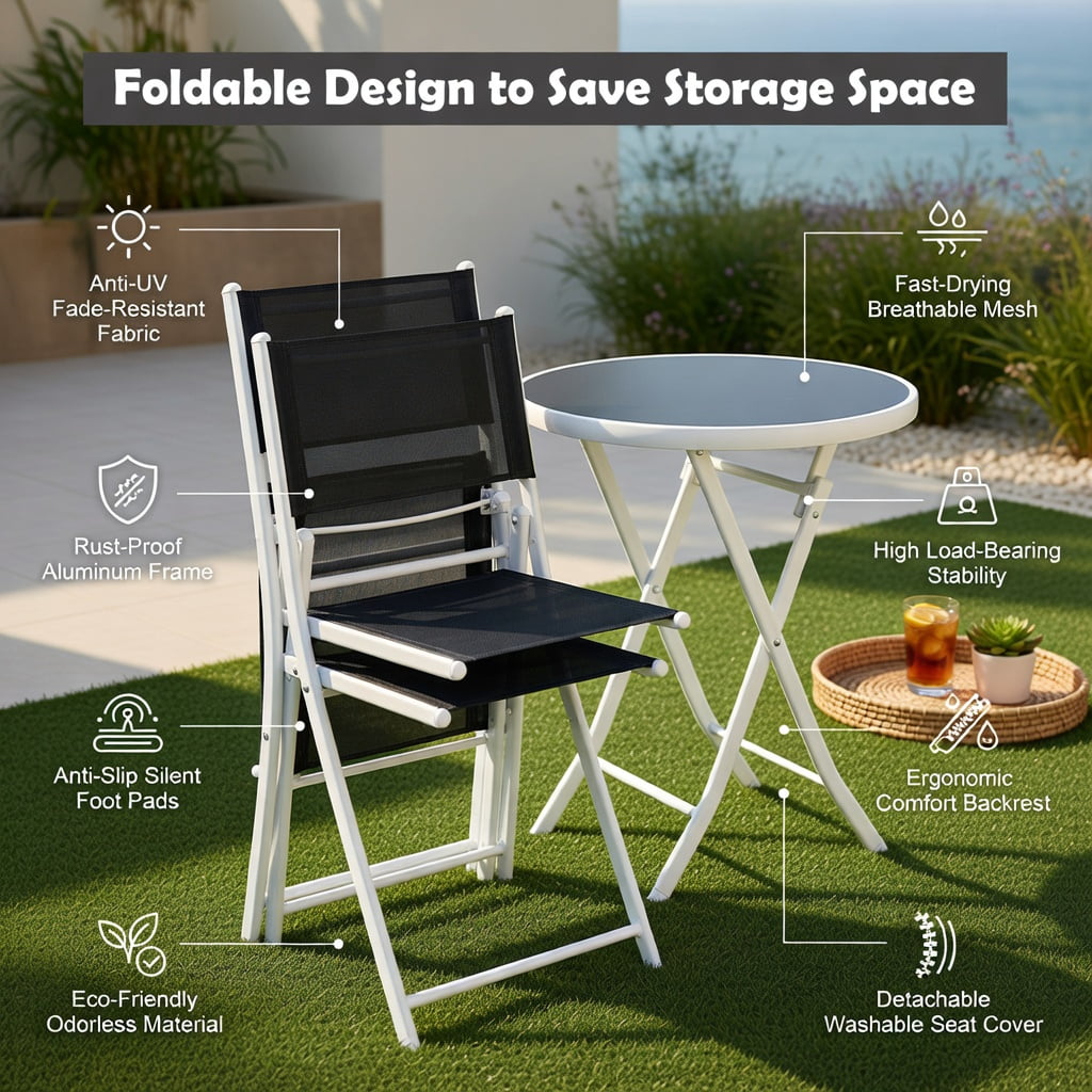 Hommoo 3-Piece Folding Outdoor Bistro Set, 2 Steel-Frame Chairs + Tempered Glass Coffee Table for Balcony, Patio & Deck, Black