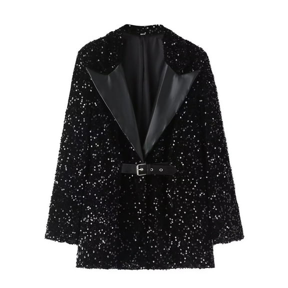 BangWanChi Womens Blazers for Work Professional Fashion Women Sequin Suit Jacket Women's Casual Top Coat With Spliced Neckline