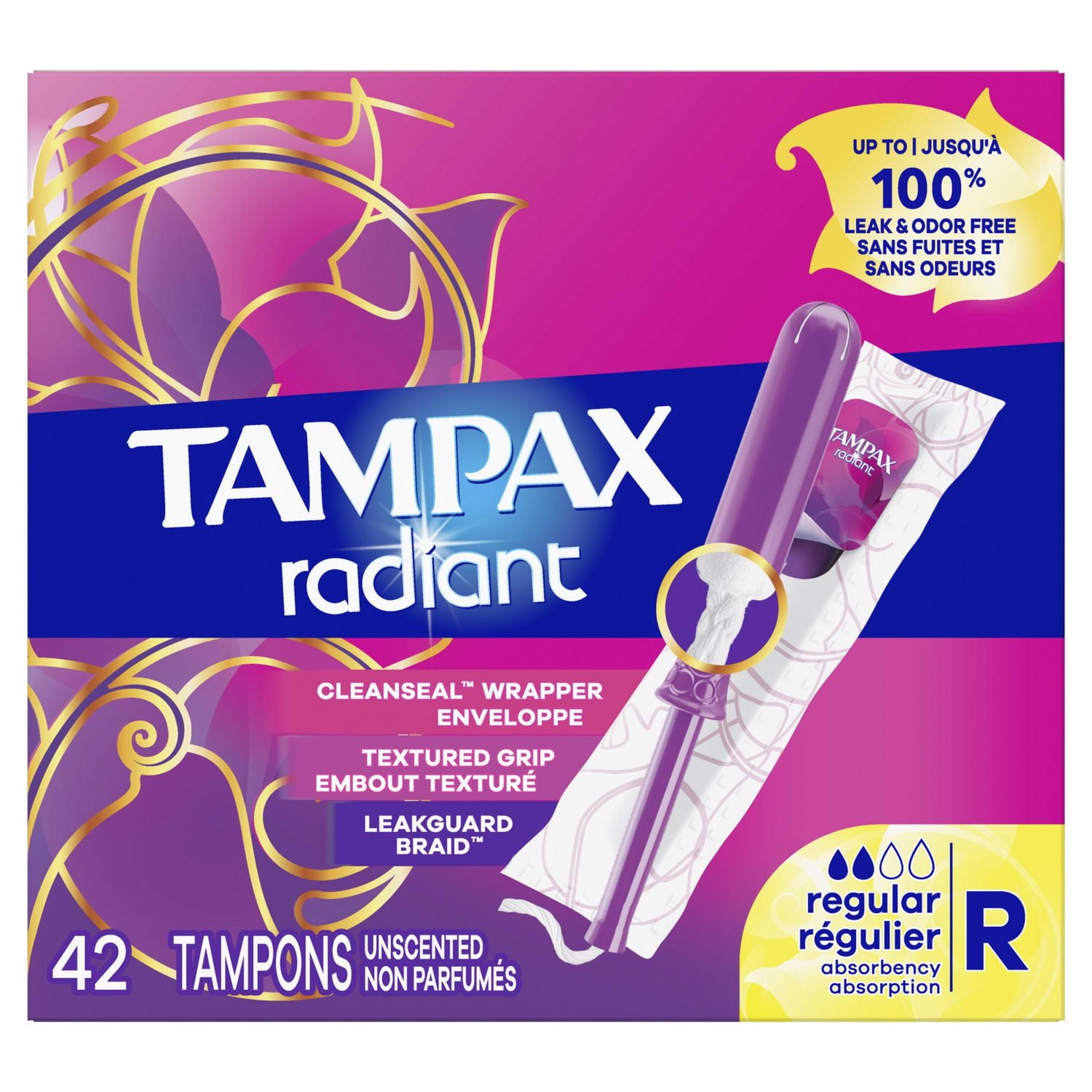 Tampax Radiant Tampons, with LeakGuard Braid, Regular Absorbency, Unscented, 42CT