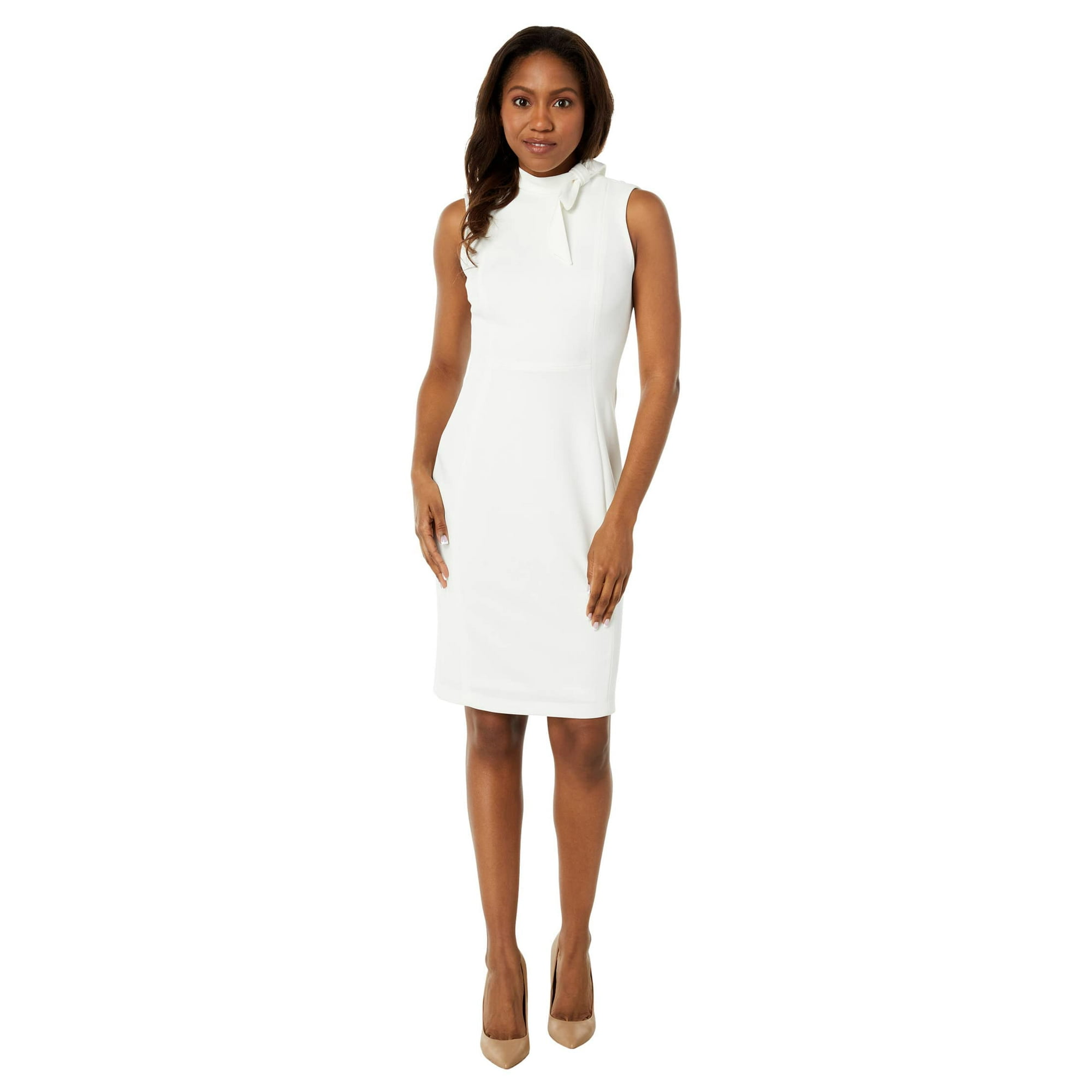 Calvin Klein Sleeveless Crepe Dress with Necktie Cream 10 | Walmart Canada