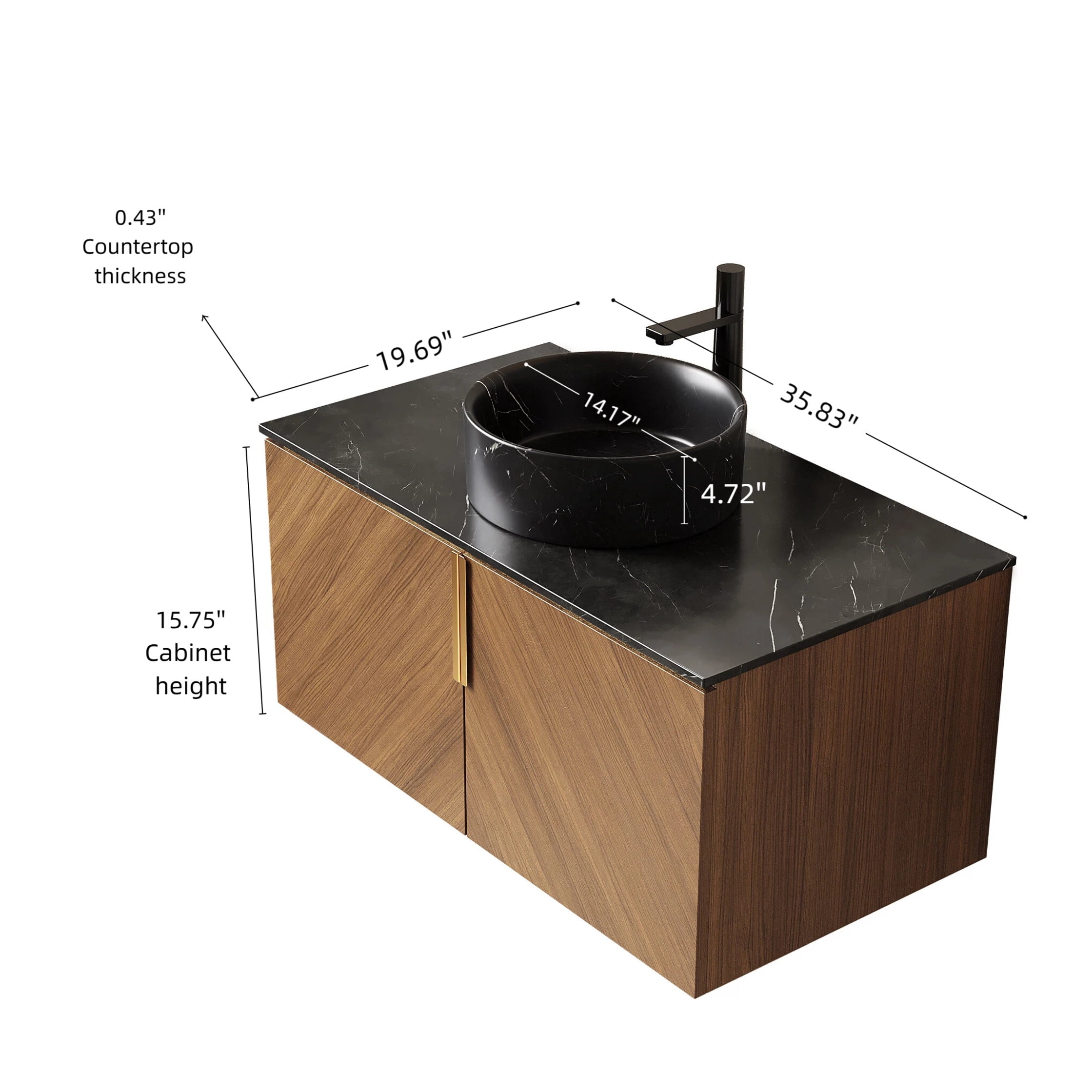 Noble House ARAI 36" Floating Bathroom Vanity, Sintered Stone Top Storage Cabinet with Black Round Vessel Sink, Oak