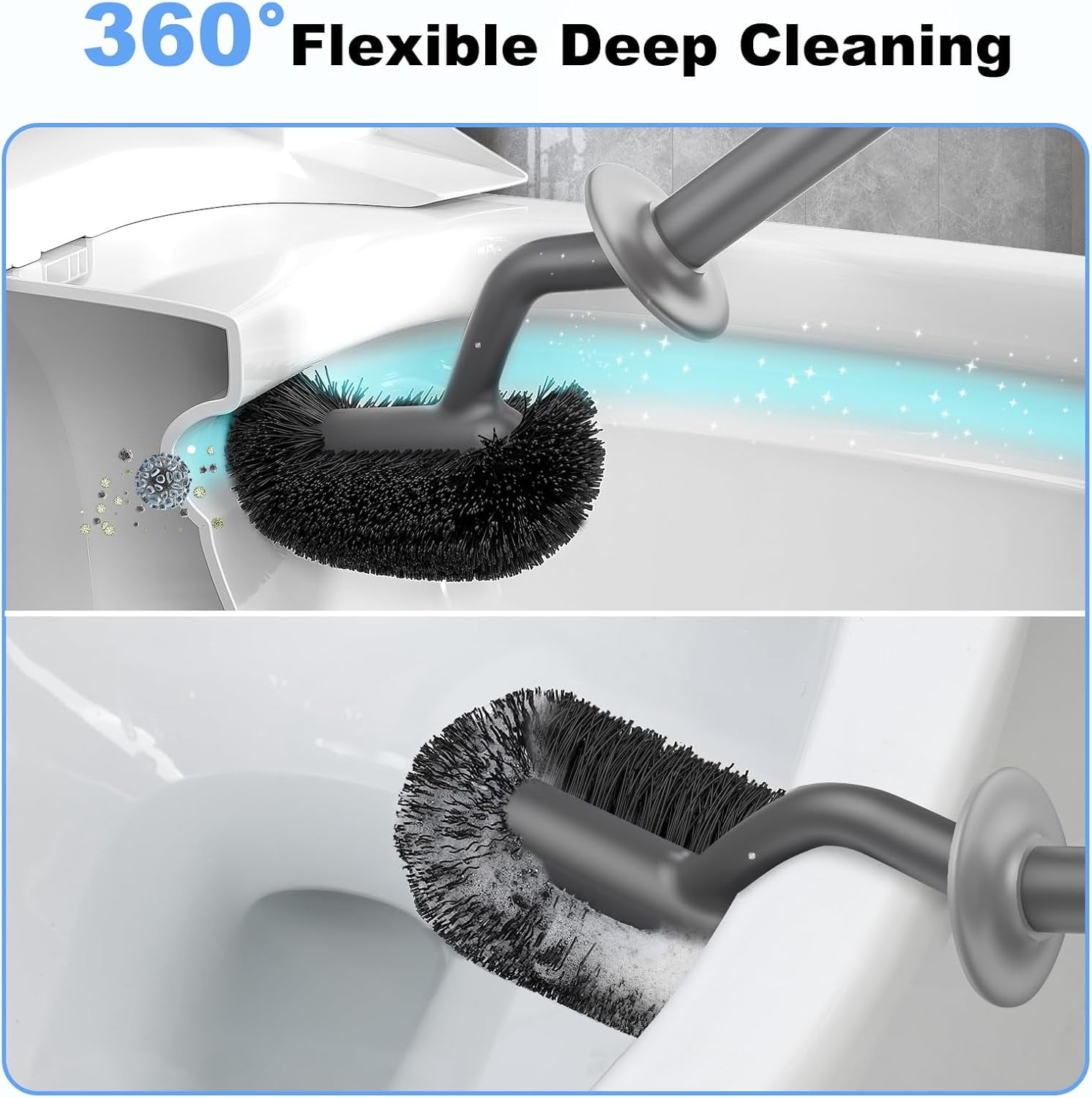Toilet Bowl Brush Holder Set: Curved Design with Holder for Deep Cleaning Under Rim - Compact Hidden Scrubber for Small Space - Modern RV Bathroom Accessories - Gray