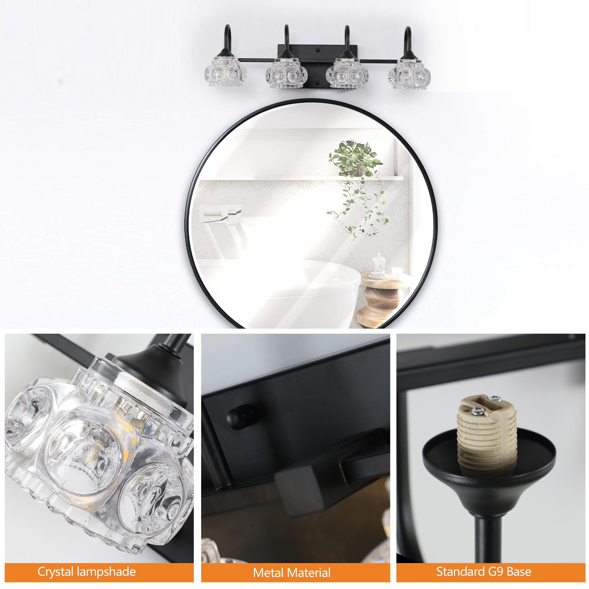 Leumius Retro 4-Light Bathroom Vanity Light Fixture - Black Finish with Crystal Glass Shades, Wall Mounted Lighting for Bathroom, Powder Room, and Vanity Mirror (No Bulbs)