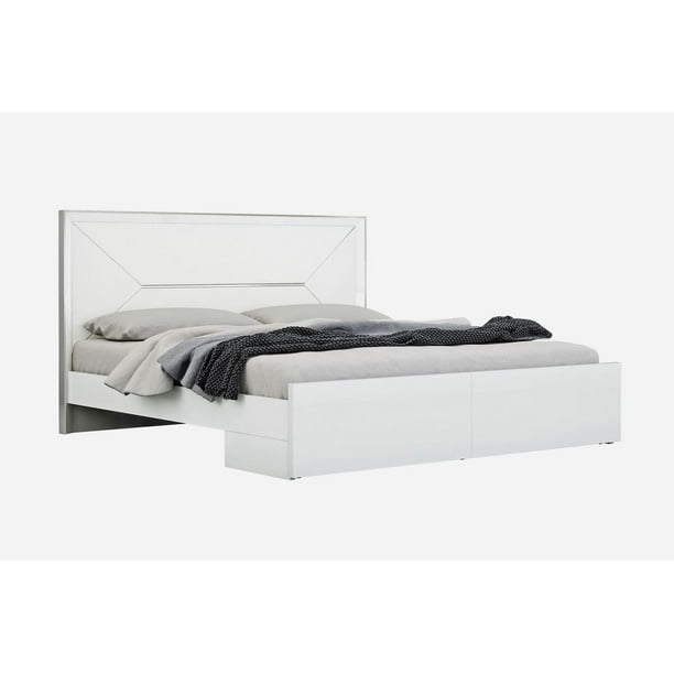 Navi Bed King, high gloss white, white faux leather headboard with