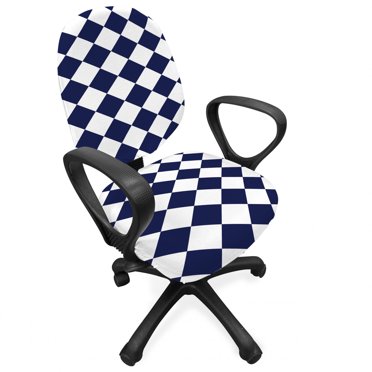 Blue Office Chair Slipcover, Classical Old Fashioned Checkered Pattern Geometric Diagonal Skewed Squares, Protective Stretch Decorative Fabric Cover, Standard Size, Navy Blue and White, by Ambesonne