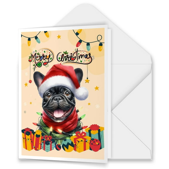 Merry Christmas Santa French Bulldog Scarf Twinkling Lights Xmas Holiday 5x7in Folded Greeting Card Dog Lover Gifts Single Note Card with Envelope - 00022