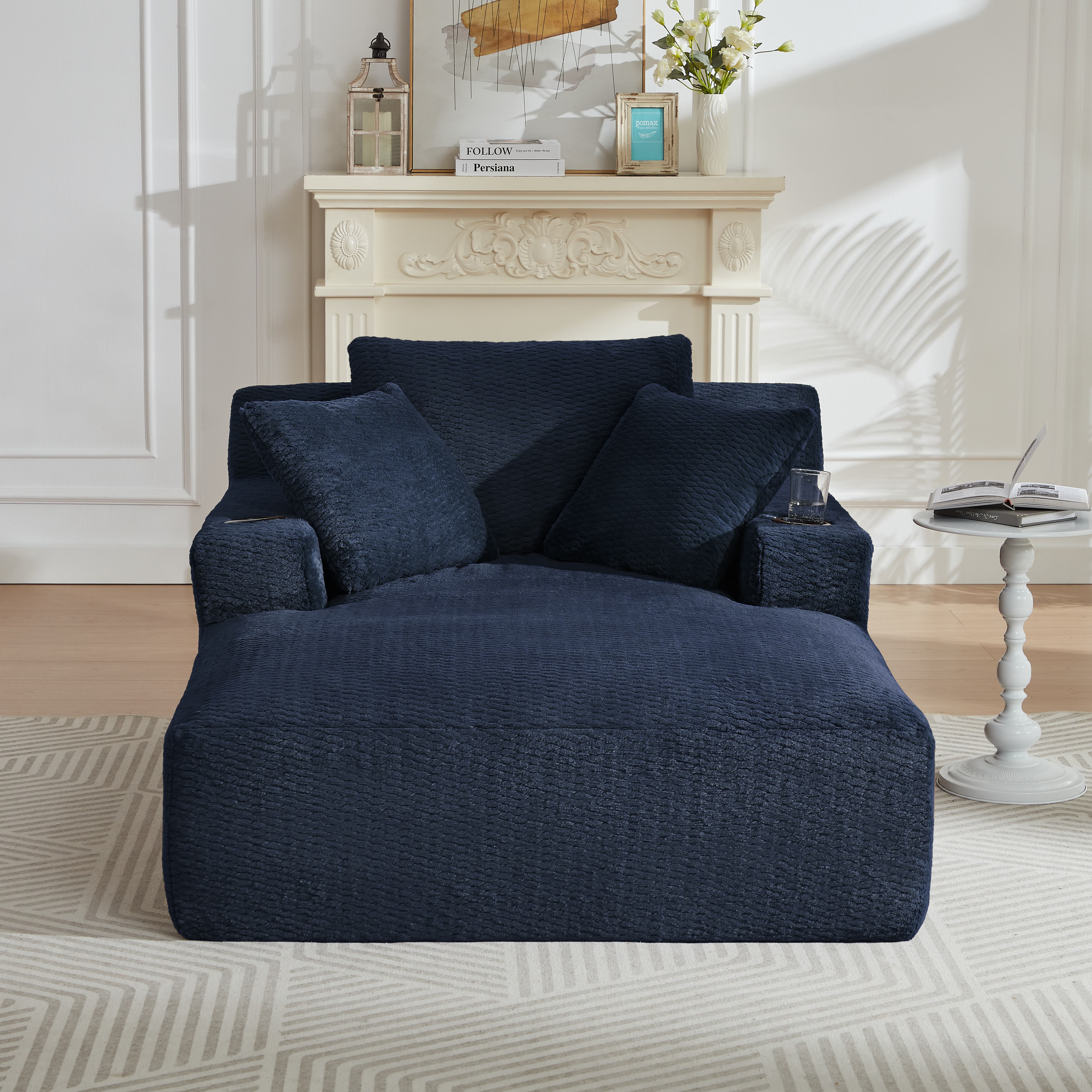 Aukfa Oversized Chaise Lounge Chair Indoor with Cup Holder & Side Pocket, Faux Fur Sleeper Chair for Living Room, Bedroom,Blue