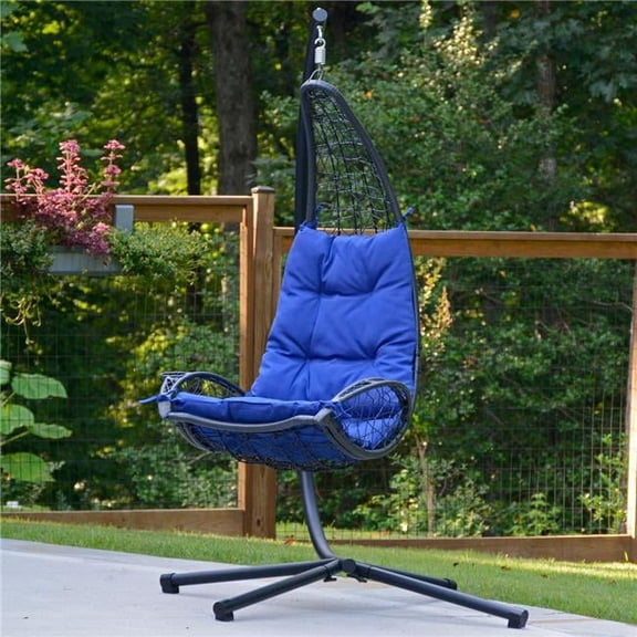 Cushioned Rattan Wicker Hanging Chair with Stand, Blue