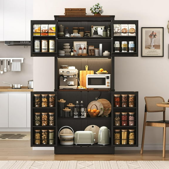 72" Tall Farmhouse Kitchen Pantry Cabinet with 10 Side Shelves and LED Light & Power Outlet, 5 Layers Pantry Storage Cabinet with Barn Doors&Load-Bearing Steel Pipe for Dining Room,Living Room