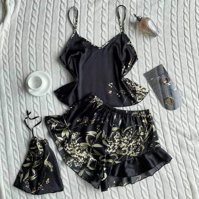 Conjunto de pijama de dos piezas para mujer, ropa de dormir Sexy con estampado de cerezo, cuello en V, seda de imitación, conjuntos cortos, ropa de estar por casa con bolsa